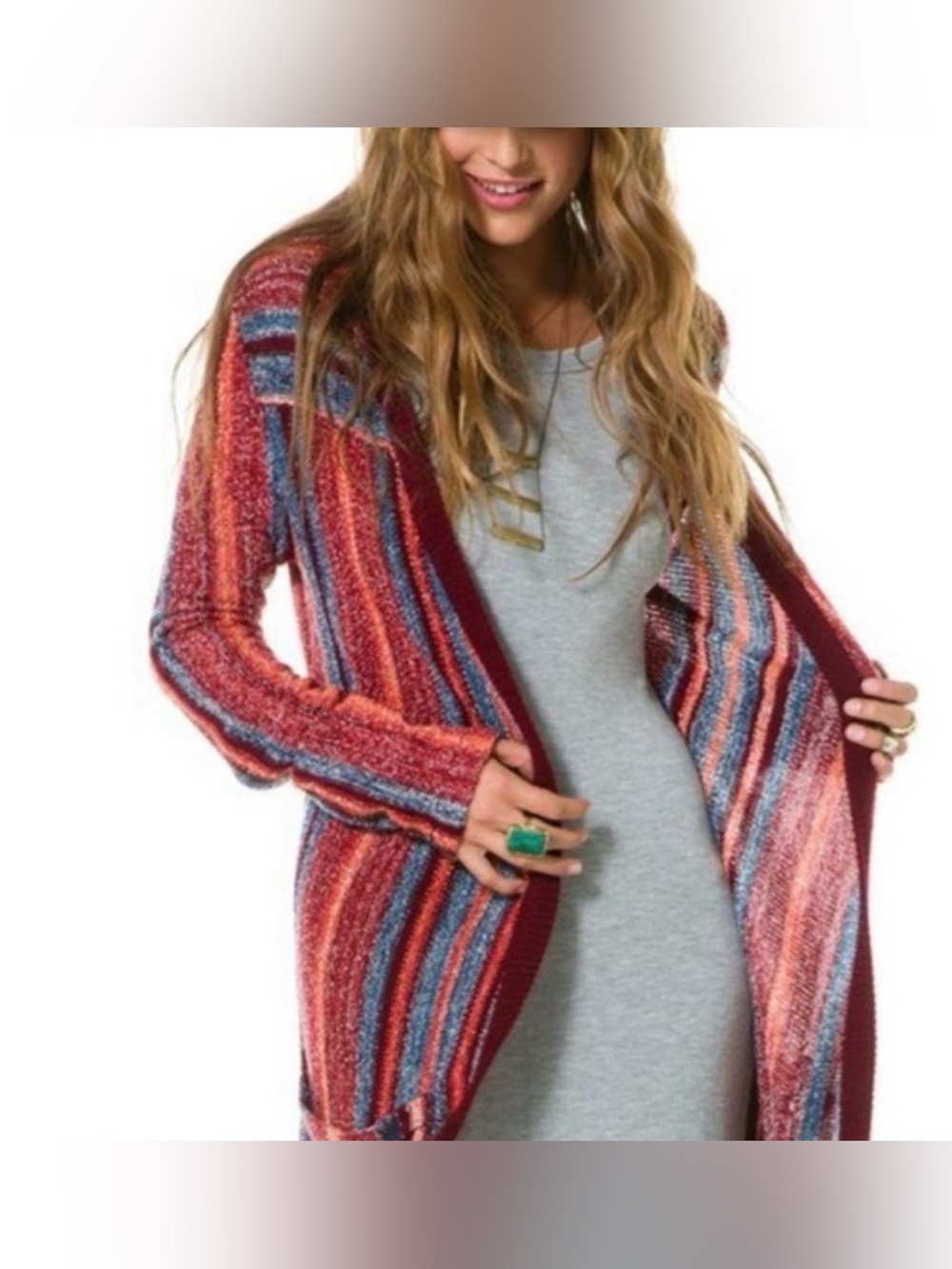 Billabong Seventy Something Cardigan open acrylic knit striped duster length- L